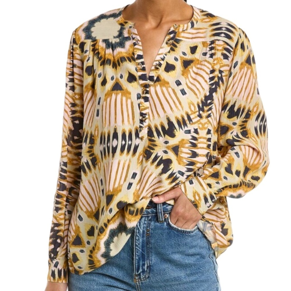 ba&sh Multicolor Abstract Print V-Neck Blouse in Mustard, Black & Cream